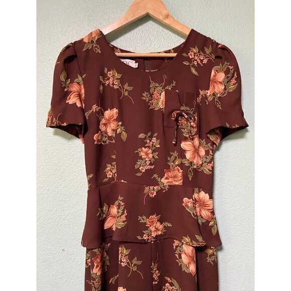 Vintage CDC Women's Brown and Pink Floral Flower Short Sleeve Dress Size 8 - Picture 3 of 9